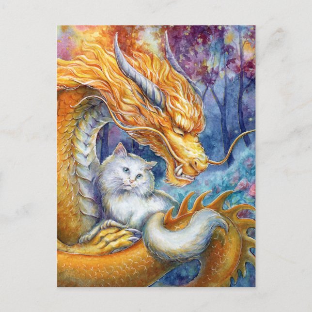 Carte Postale Dragon ardent et chat blanc dans une forêt mystiqu (Devant)