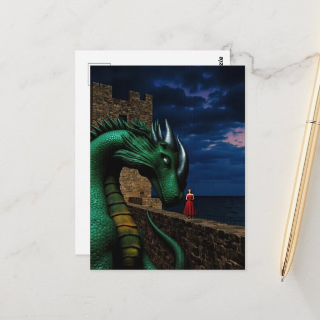 Carte Postale Dragon au château (Devant/Arrière en situation)
