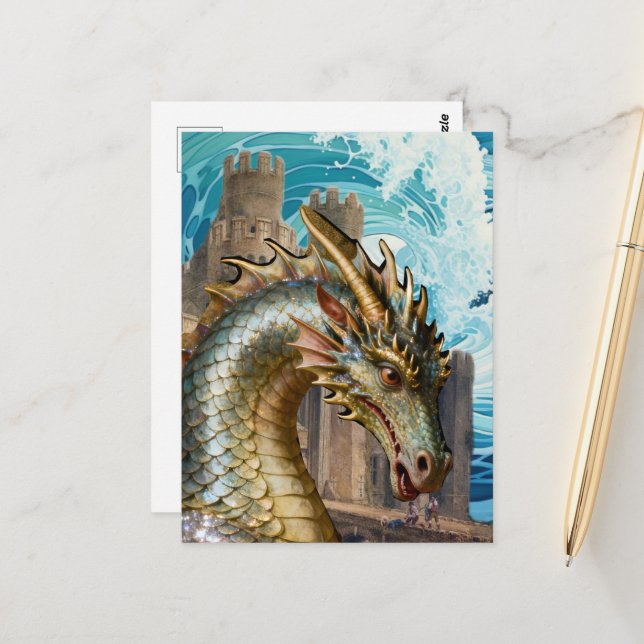 Carte Postale Dragon au château (Devant/Arrière en situation)