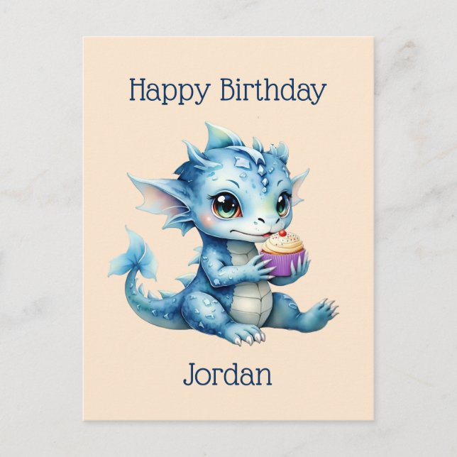 Carte Postale Dragon Bébé Bleu Mange un Cupcake (Devant)