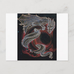 Carte Postale Dragon blanc, Lune rouge sur Noir