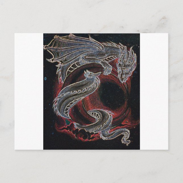 Carte Postale Dragon blanc, Lune rouge sur Noir (Devant)
