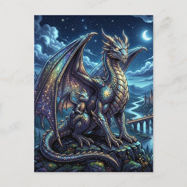Carte Postale Dragon céleste éclairé par la lune et château de f (Devant)