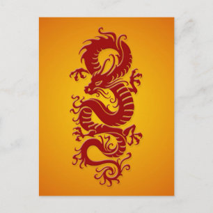 Carte Postale Dragon chinois tribal rouge et jaune