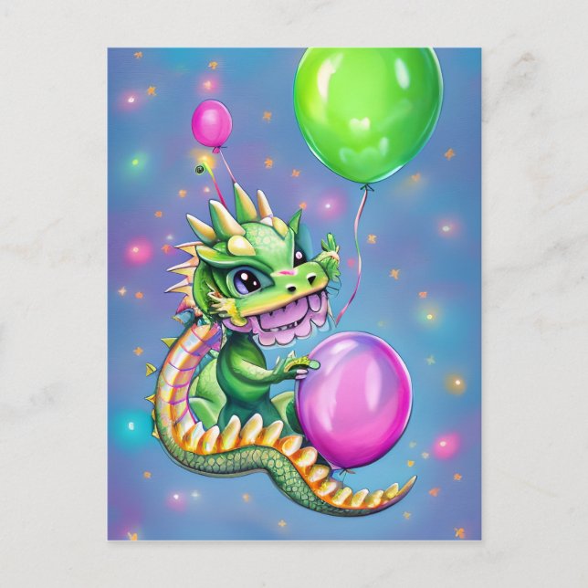 Carte Postale Dragon d'anniversaire mignon avec ballons (Devant)
