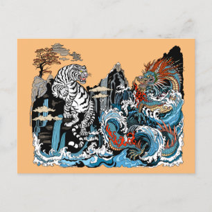 Carte Postale Dragon d'azur et Tigre blanc. Illustration