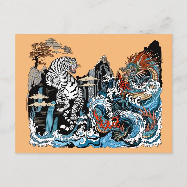 Carte Postale Dragon d'azur et Tigre blanc. Illustration (Devant)