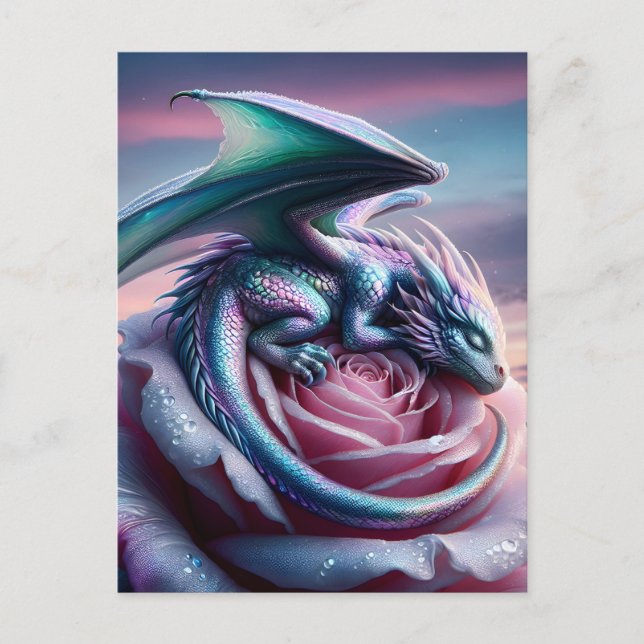Carte Postale Dragon de bébé Iridescente endormi sur rose rose (Devant)