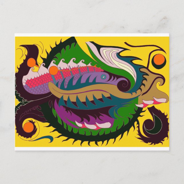 Carte Postale Dragon de feu (rouge et vert sur or) (Devant)