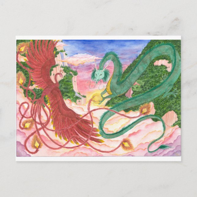 Carte Postale Dragon et Phénix du coucher de soleil forestier (Devant)