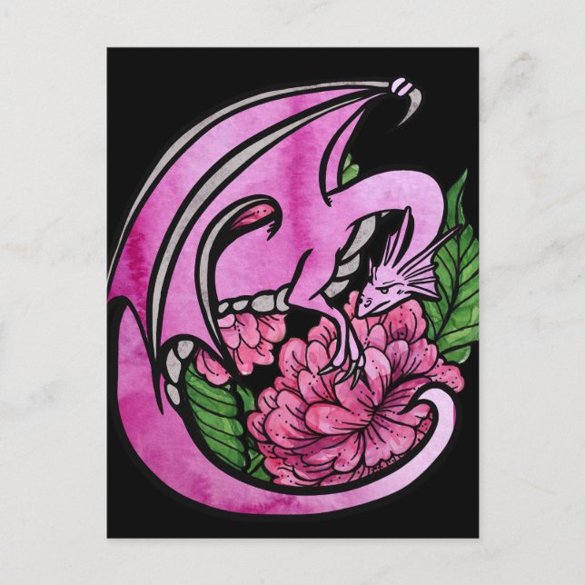 Carte Postale Dragon Fleur Florale Rose Chaud Fille Geek         (Devant)