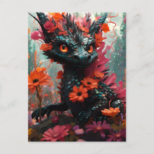 Carte Postale Dragon floral noir mignon