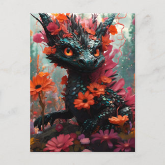 Carte Postale Dragon floral noir mignon