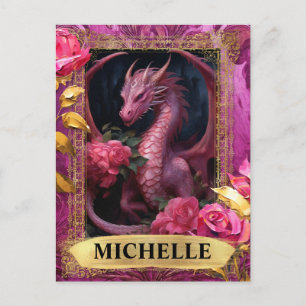 Carte Postale Dragon Fuchsia Romantique et Roses Fantastique