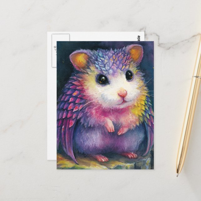 Carte Postale Dragon Hamster Rose Unique (Devant/Arrière en situation)