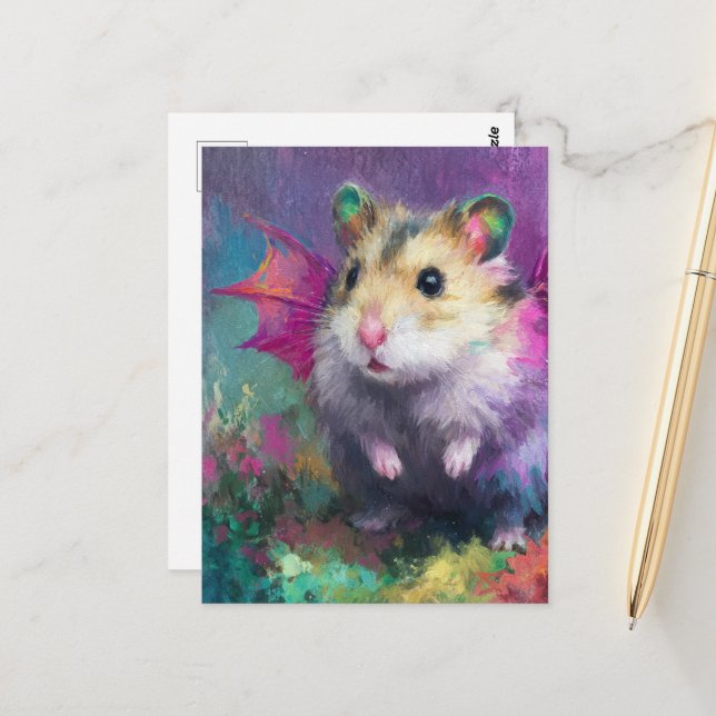 Carte Postale Dragon hamster sucré coloré aquarelle (Devant/Arrière en situation)