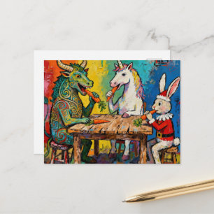 Carte Postale Dragon, Licorne et Lapin de Noël Mangent des Carot