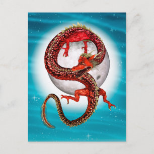 Carte Postale Dragon Lune Rouge Fantaisie Céleste Artistique