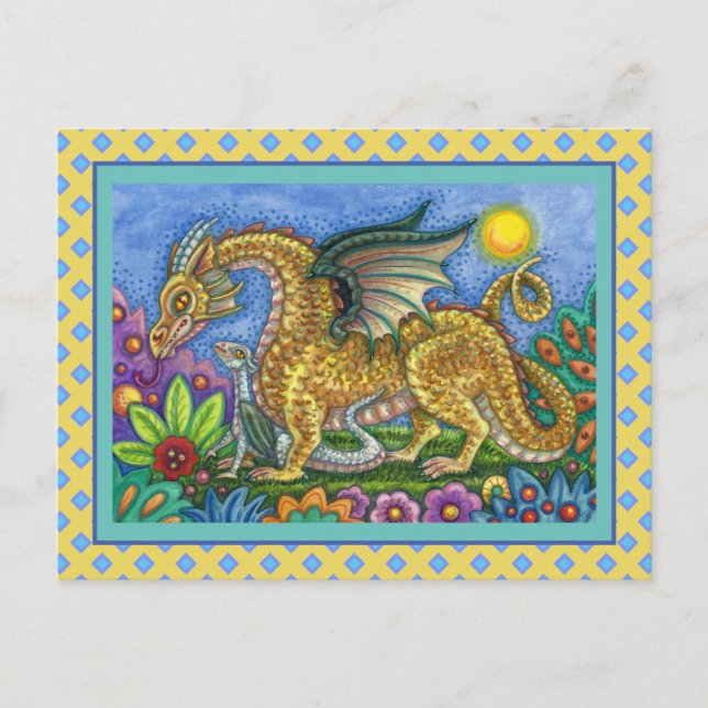 CARTE POSTALE DRAGON MÉDIÉVAL & JEUNE, JARDIN D'ART FOLK COLORÉ (Devant)