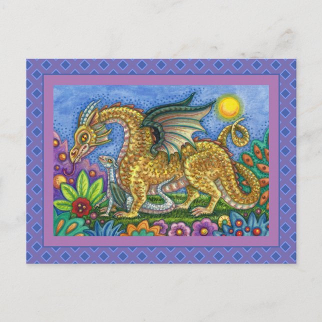 CARTE POSTALE DRAGON MÉDIÉVAL & JEUNE, JARDIN D'ART FOLK COLORÉ (Devant)