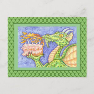 CARTE POSTALE DRAGON QUI RESPIRE LE FEU ALLUMANT DES BOUGIES D'A