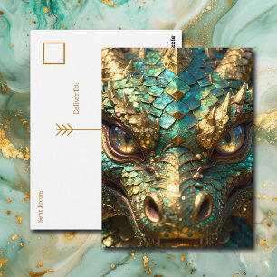 Carte Postale Dragon Turquoise et Or   Garder le Contact