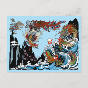 Carte Postale Dragon vert et Feng Huang. Illustration