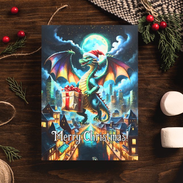 Carte Postale Dragon Vert Livrant des Cadeaux de Noël (Créateur téléchargé)