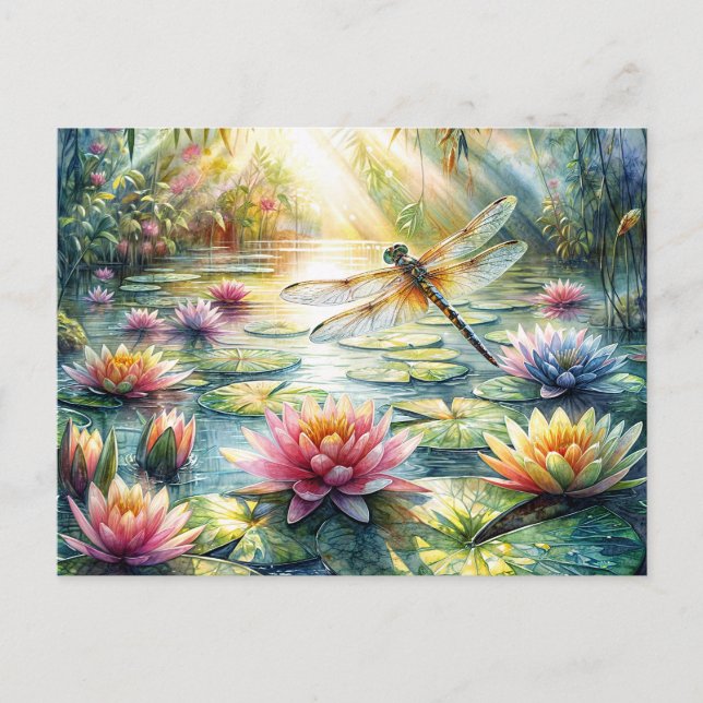 Carte Postale Dragonfly Above Pond Watercolor (Devant)