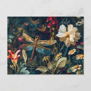 Carte Postale Dragonfly dans un jardin avec marguerites et lys I