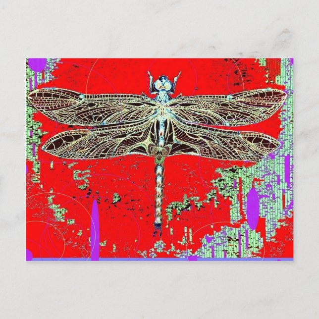 Carte Postale Dragonfly noir blanc sur rouge-violet par Sharles (Devant)