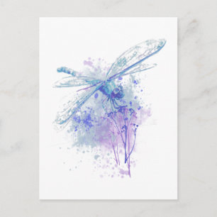Carte Postale Dragonfly originale aquarelle dans Blue Mauve Natu