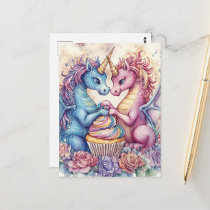 Carte Postale Dragons Licornes Avec Cupcake et Fleurs