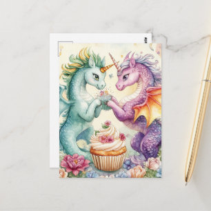 Carte Postale Dragons Licornes Mignons Avec Cupcake et Fleurs