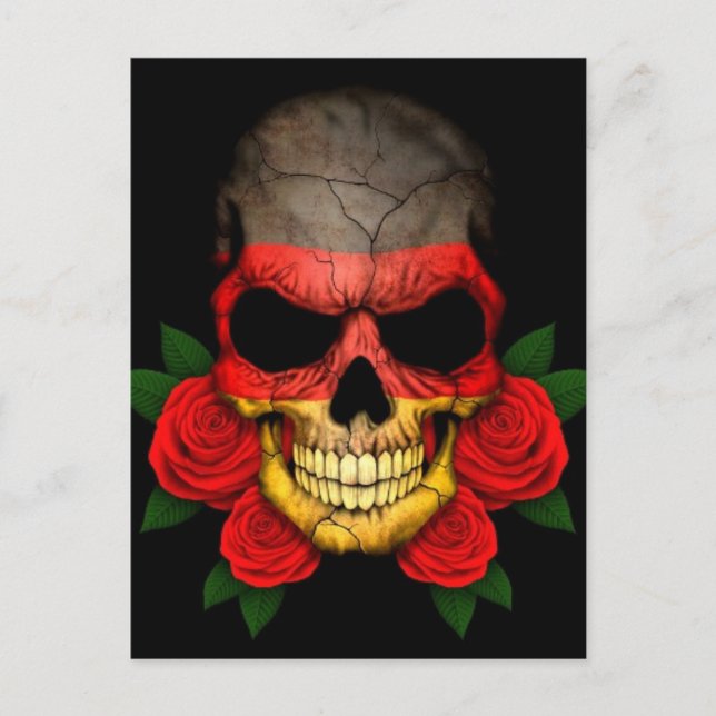 Carte Postale Drapeau allemand crâne avec roses rouges (Devant)