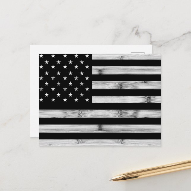 Carte Postale Drapeau américain Bois rustique Noir Blanc Patriot (Devant/Arrière en situation)