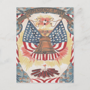 Carte Postale Drapeau américain Cloche de la liberté Feux d'arti