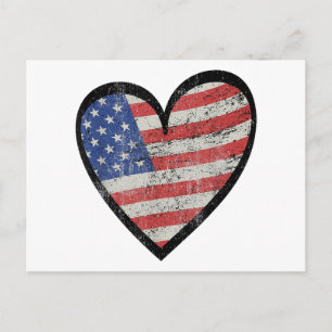 Carte Postale Drapeau Américain Cœur Rouge Blanc Bleu Mignon 4 J