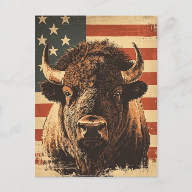 Carte Postale Drapeau américain de bison vintage (Devant)