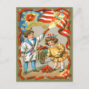 Carte Postale Drapeau américain des enfants Feux d'artifice Péta