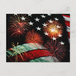 Carte Postale Drapeau américain et feux d'artifice