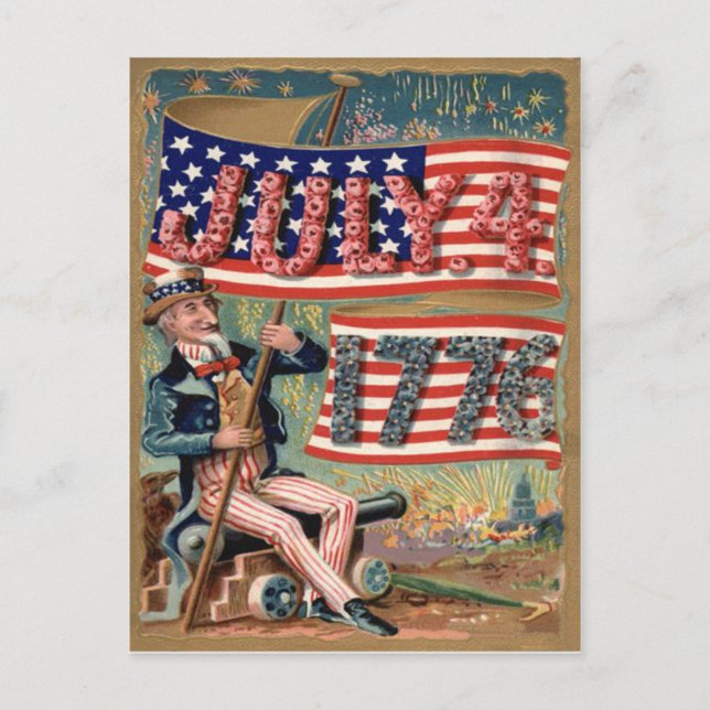 Carte Postale Drapeau américain Feux d'artifice Pétard Oncle Sam (Devant)