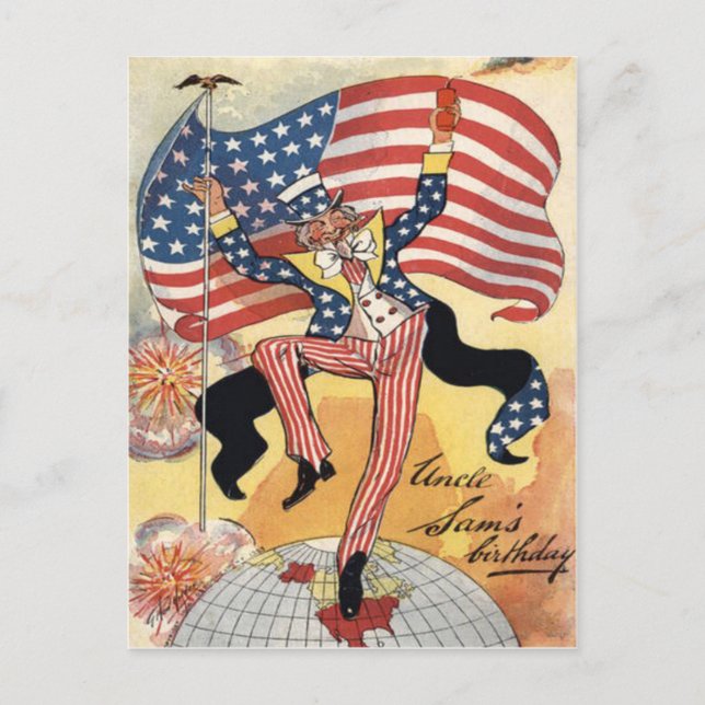 Carte Postale Drapeau américain Feux d'artifice Pétard Oncle Sam (Devant)
