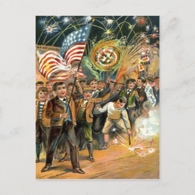 Carte Postale Drapeau américain Feux d'artifice Pétards Défilé (Devant)