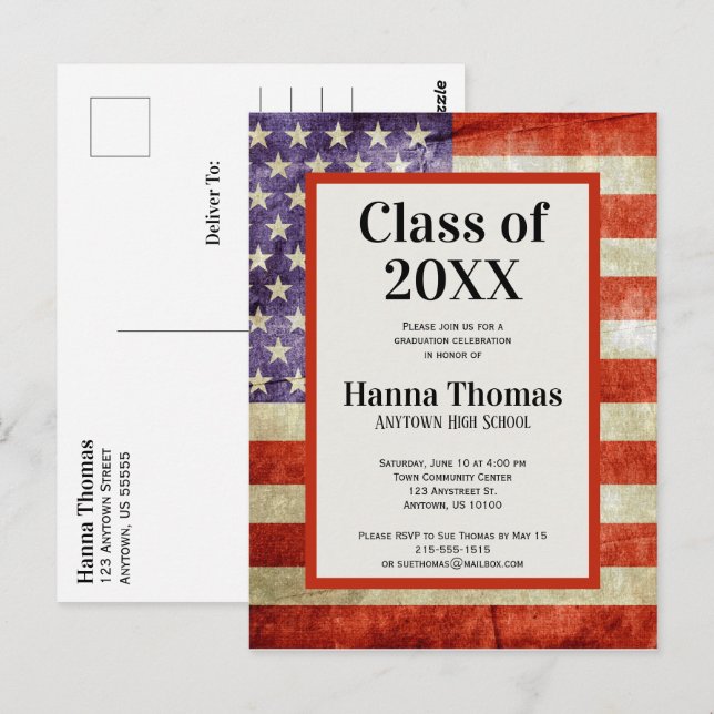 Carte Postale Drapeau américain Parti de graduation patriotique  (Devant / Derrière)