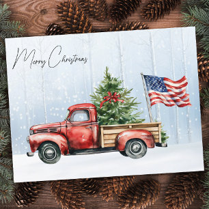 Carte Postale Drapeau américain patriotique camion rouge Noël vi