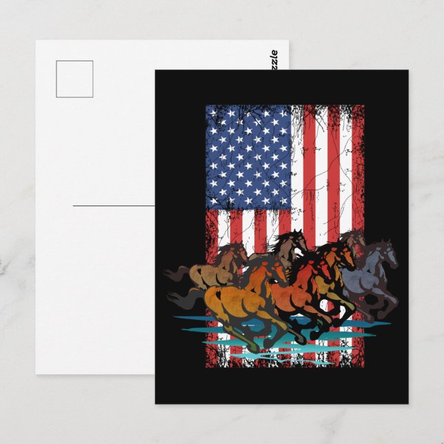 Carte Postale Drapeau américain vintage délavé CHEVAUX (Devant / Derrière)