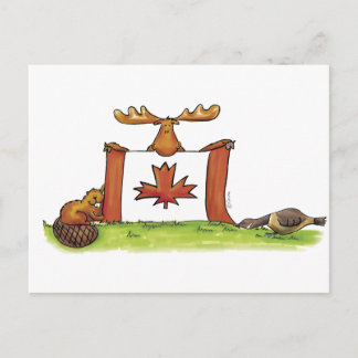 Carte Postale Drapeau canadien avec orignal, castor et oie