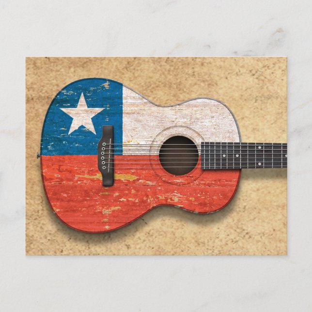 Carte Postale Drapeau chilien vieilli et porté Guitare acoustiqu (Devant)