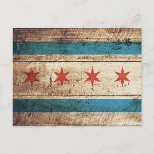 Carte Postale Drapeau de Chicago sur le vieux grain de bois